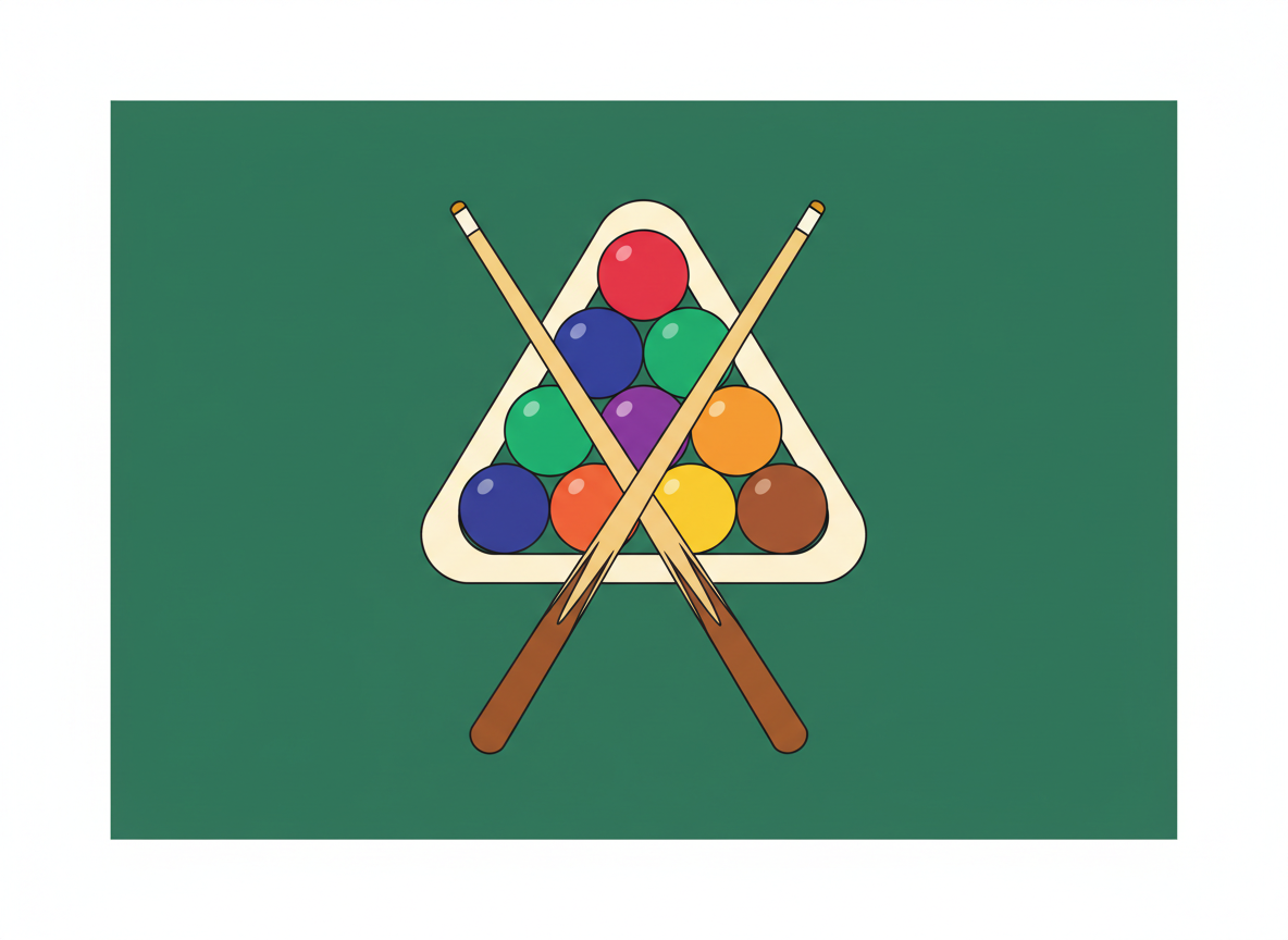 Illustration of crossed billiard cue sticks and colorful billiard balls on green felt